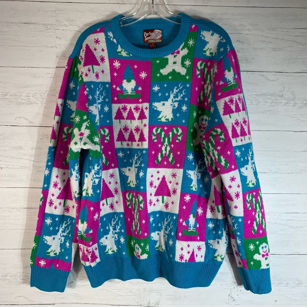 Party Sweater Dec. 25th Christmas Women's L Blue Pink Green Ugly Holidays Warm